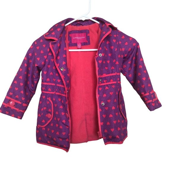 London Fog Hooded Fleece Lined Girls Coat Full Zip Purple with Pink Hearts Sze 5 - Picture 4 of 14